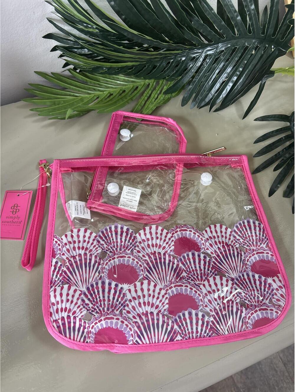 New Simply Southern Clear Pink Shell Print Tote Bag with Wristlet Beach Pool